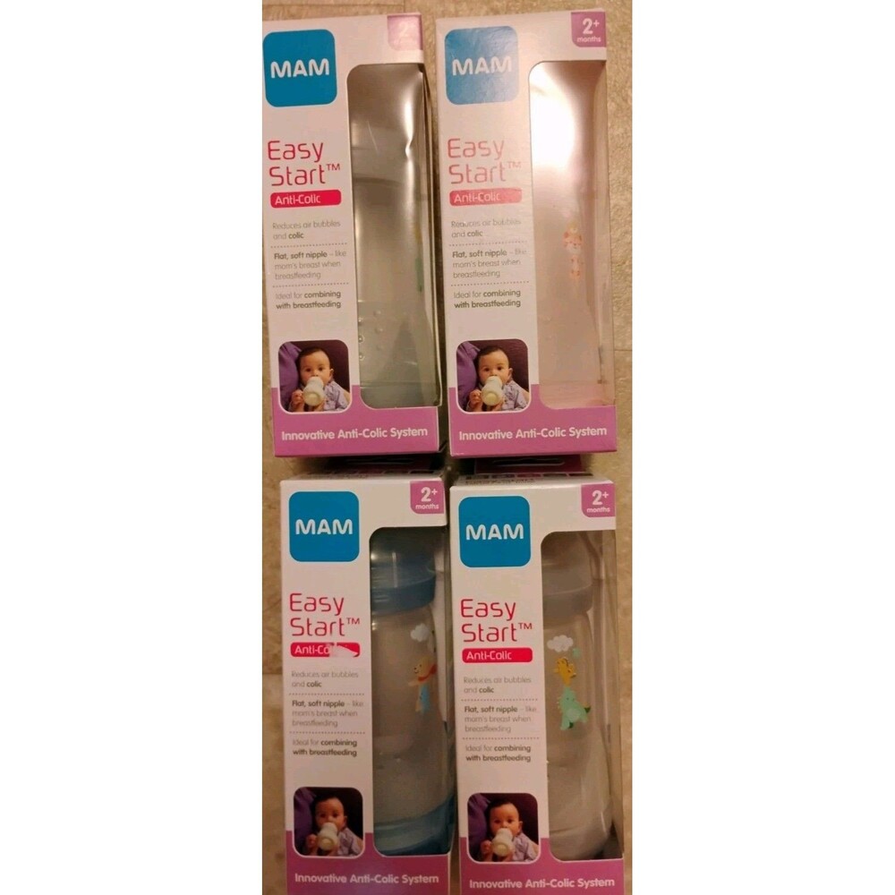 Lot of 4 MAM Easy Start Anti Colic Baby Bottles 2+ Months Pink Blue New 9oz